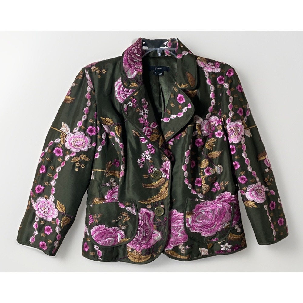 E BY ECI Green Floral 100% SILK EMBROIDERED 2 Button JACKET LINED Pockets 12